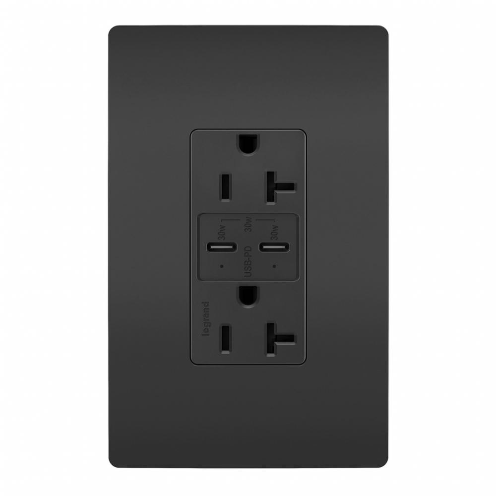 radiant? 20A Tamper Resistant Ultra Fast PLUS Power Delivery USB Type C/C Outlet, Black