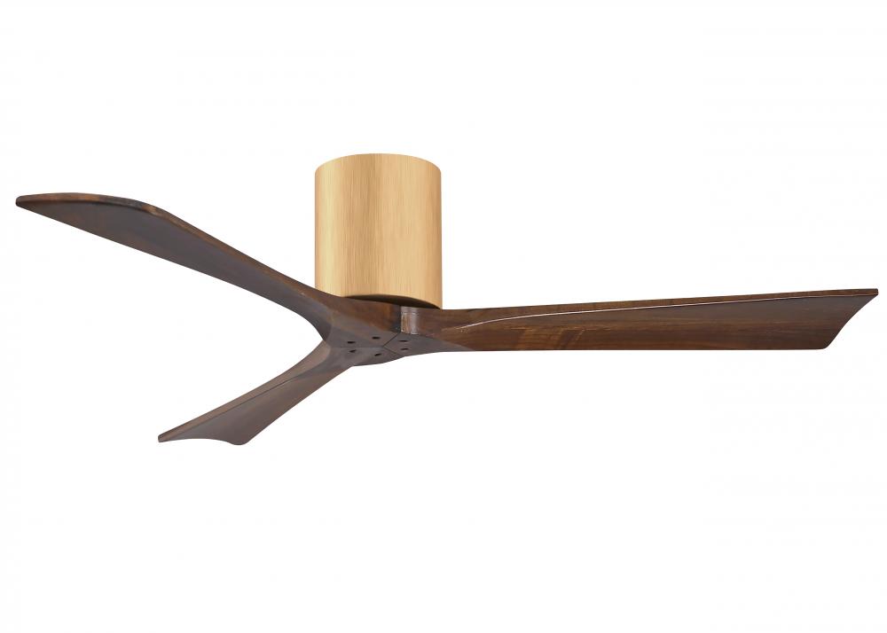 Irene-3H three-blade flush mount paddle fan in Brushed Brass finish with 52” Walnut tone blades.
