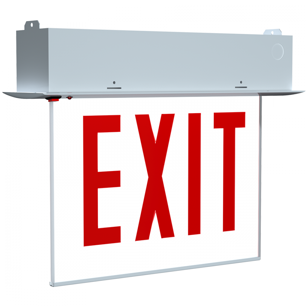 RECESSED EDGE-LIT EXIT SIGN 1-FACE NO ARROWS RED LETTERS WHITE PANEL CHICAGO BATTERY BACKUP WHITE