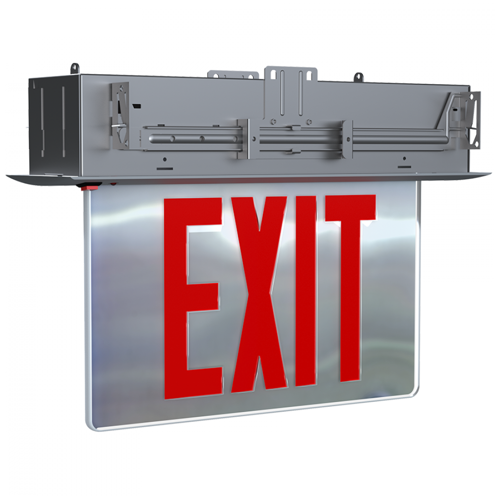 RECESSED EDGE-LIT EXIT SIGN UNV FACES RED LETTERS MIRROR PANEL BATTERY BACKUP ALUMINUM