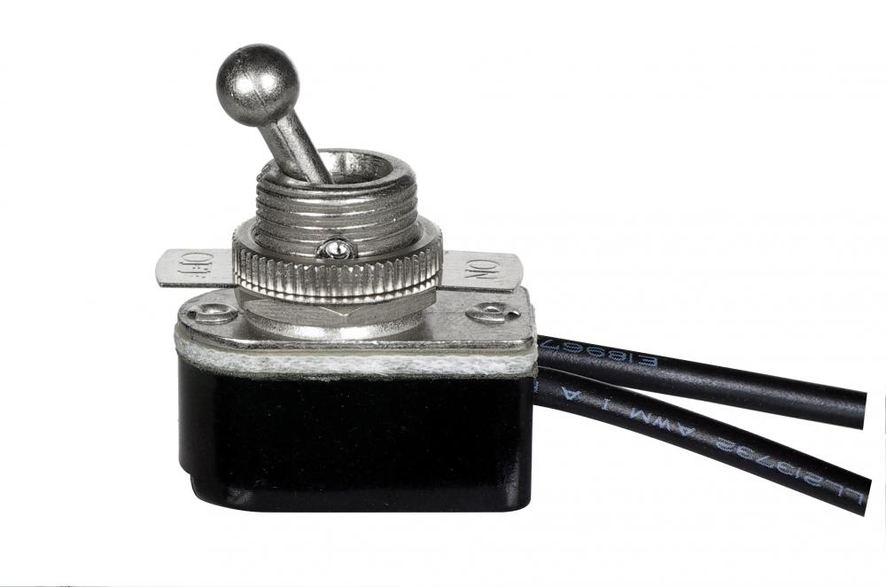 On-Off Metal Toggle Switch; Single Circuit; 6A-125V; 3A-250V Rating; 9" Leads; Nickel Finish