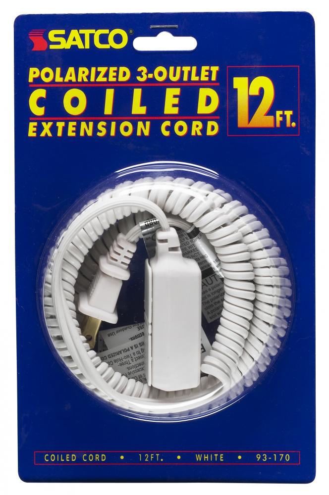 12 Foot Coiled (Extended) Extension Cord; White Finish; 16/2 SPT-2; 13A-125V-1625W Rating