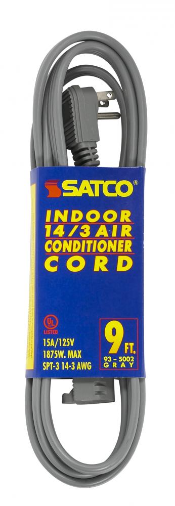 9 Foot Gray Heavy Duty Air Conditioner/Appliance Cord; 14/3 Ga. SPT-3 Gray Cord W/Sleeve; 15A-125V;