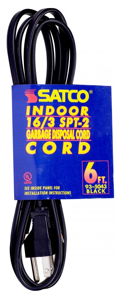 6 Foot, 3 Wire Heavy Duty Replacement Garbage Disposal Cord; 16-3 SPT-2 Black; Indoor Use Only;