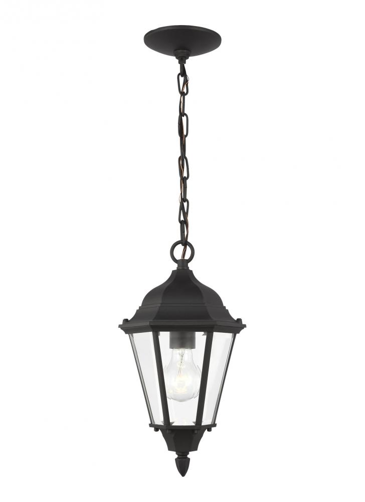 Bakersville traditional 1-light outdoor exterior pendant in black finish with clear beveled glass pa