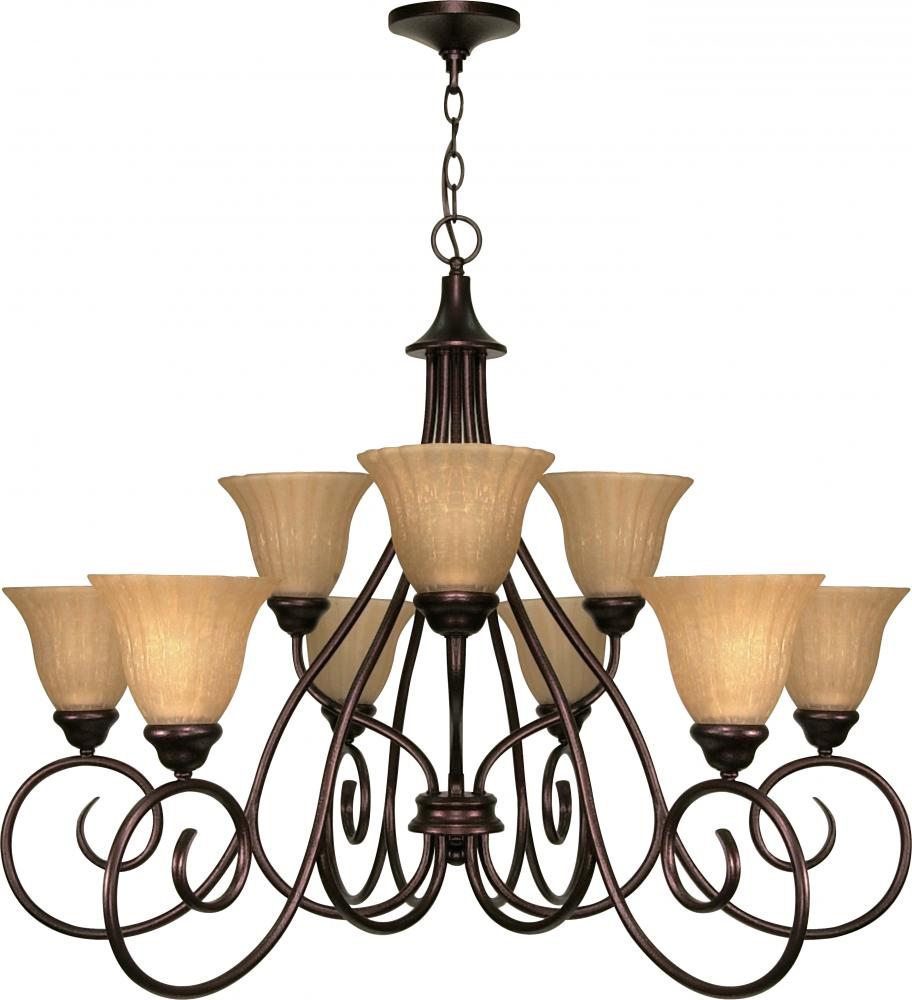2-Tier 9-Light 28" Copper Bronze Chandelier with Champagne Linen Washed Glass