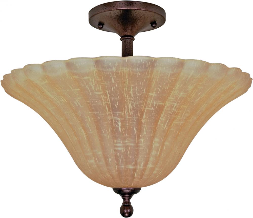 3-Light Close-To-Ceiling Semi Flush Ceiling Light in Copper Bronze Finish with Champagne Linen